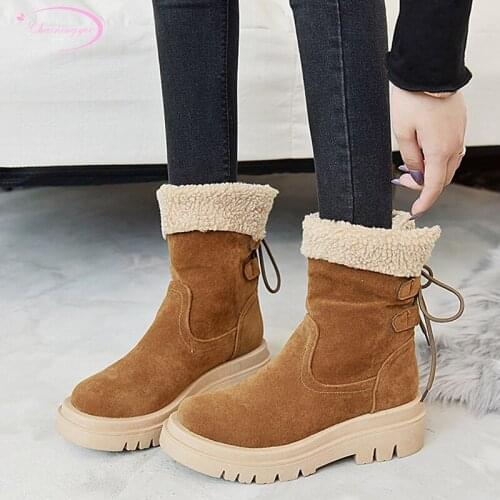 Casual style winter warm round toe flock snow boots fashion lace-up hook platform medium with ankle boots womens shoes big size