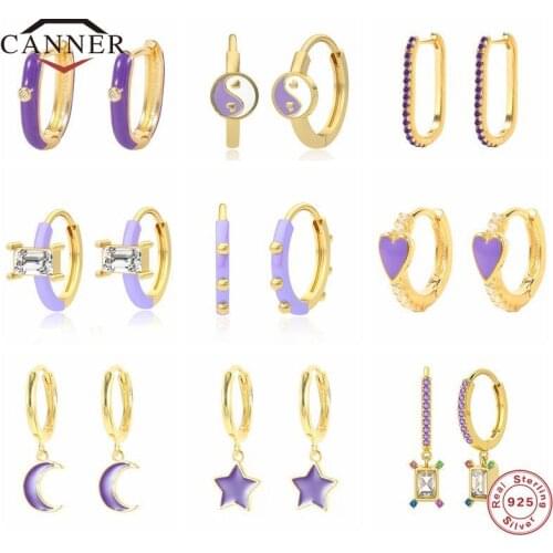 CANNER 925 Sterling Silver Fine Jewelry Purple Hoop Earrings for Women Round Circle Piercing Huggie Earring Silver Pendientes