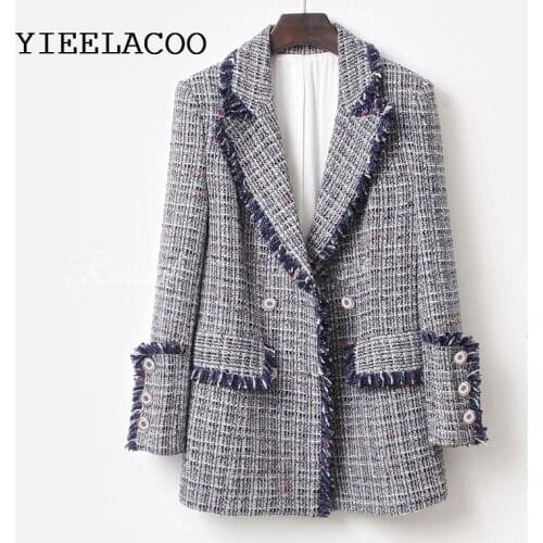 Blue-gray tweed plaid jacket spring / autumn womens coat jacket ladies suit small fragrant wind jacket