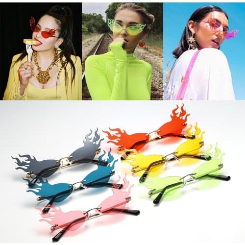 Fashion Fire Flame Narrow Sunglasses Women Men Rimless Wave Sun Glasses Eyewear Luxury Trending Streetwear