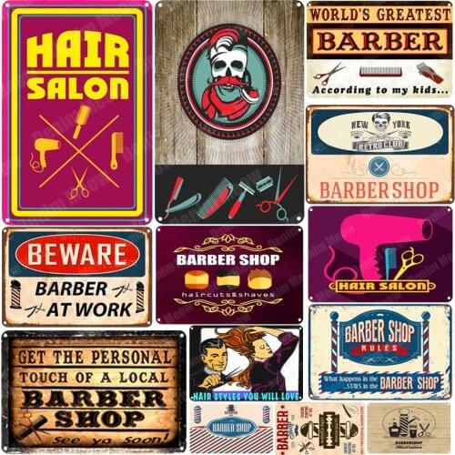 Hair Salon Plaque Barber Shop Vintage Tin Sign Bar Retro Club Home Decor Beware Barber At Work Metal Signs Wall Poster ZSS50