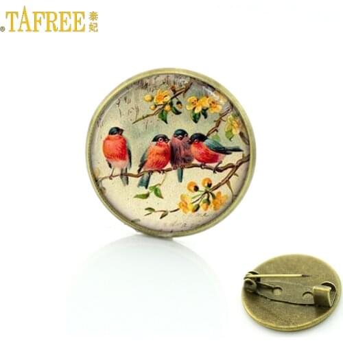 TAFREE Cute Bird Vintage Brooch for Woman Glass Cabochon Dome art picture pins Badge for Suit Sweater carves Animal Jewelry BP01