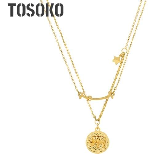 TOSOKO Stainless Steel Jewelry Elephant Round Brand Pendant Double Layer Stacked Necklace Female Sweet Clavicle Chain P931