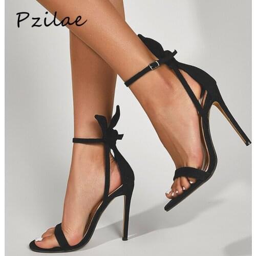 Pzilae 2021 Women Sandals Black 11.5cm High Heels Flock Ankle Strap Ladies Shoes Female Fetish Strappy Party Pumps Summer Sexy
