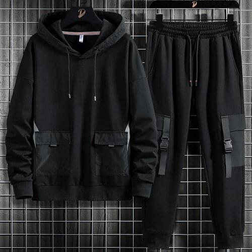 Spring Autumn Plus Size Tracksuit Men Multi-Pockets Black Hoodie+Pants 2 Piece Sets Men Hip Hop Streetwear Pullover Sport Suits