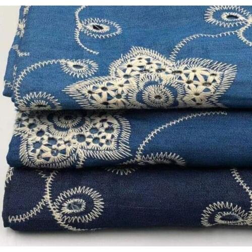 Embroidered Washed Denim Fabric Thin Summer Five-pointed Star Embroidery Polyester Cotton Dress Shirt By The Meter