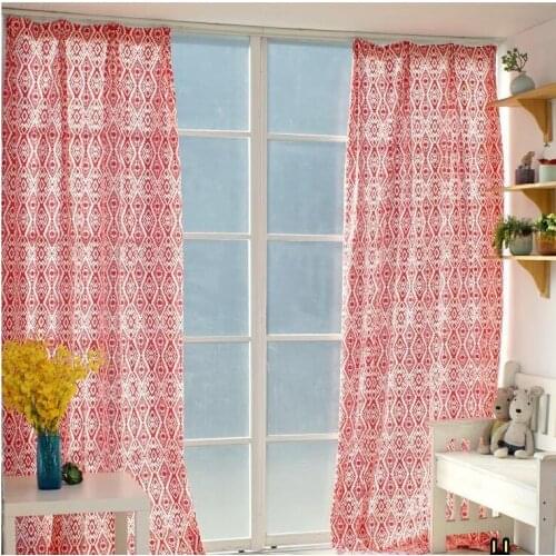 100% Cotton Linen fabric curtains geometric printing cloth curtains semi shade rhombic lattice curtains for bedroom living room