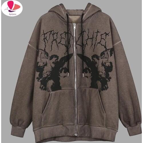 Women y2k Aesthetic Angel Printed Hoodies Sweatshirts Men Autumn Winter Vintage Hip-Hop Streetwear Jackets Female Coat 2021 New