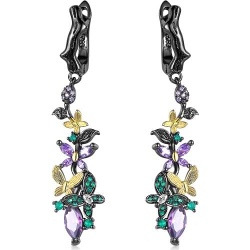 CIZEVA Ladies Bohemia Black Gold Jewelry Elegant Flower Zircon Long Earring Ladies 925 Silver Dangler Wedding Party Jewelry