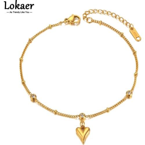 Lokaer Trendy Love Heart Charm Anklets For Women Girls 18K Gold Stainless Steel CZ Crystal Foot Jewelry Браслет На Ногу A21026