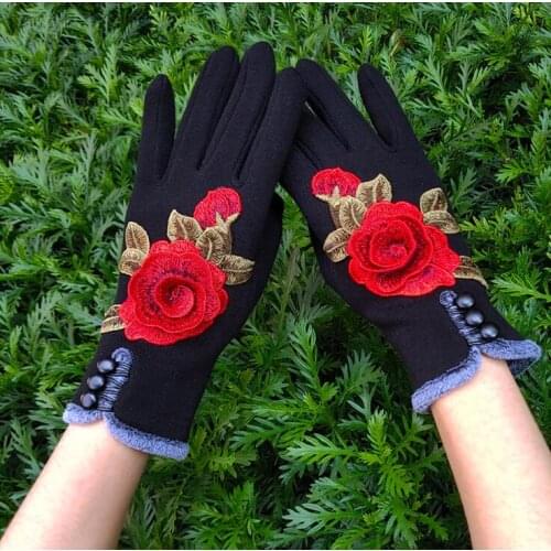Womens autumn winter thicken warm flower embroidery gloves ladys touch screen vintage dancing driving glove R2373