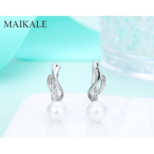 MAIKALE Gold/Silver Color Delicate Micro Inlay Cubic Zirconia Earrings Round Big Pearl Stud Earrings for Women Jewelry Gifts