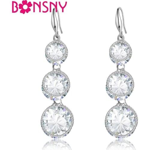Bonsny Silverstone Luxury Round Drop Cubic Zircon Hook Earrings Dangle Drop CZ Zirconia Fashion Women Girl Jewelry Birthday Gift