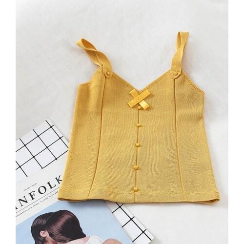 Women Crop Tops Summer Women Strappy Knit Tops Pearl Buttons Front V Neck Bow Sweet Knitting Crop Top 2021 Spring