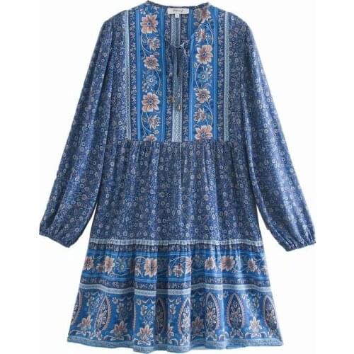 Autumn Womens New Long-sleeved Cotton Positioning Dress Ethnic Style Printed Short Skirt Female