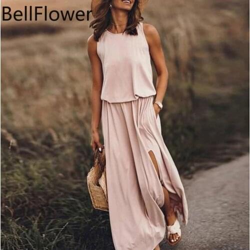 Plus Size Sleeveless Summer Dress 2021 Bohemia Beach Style Loose Tank Round Neck Pullover Exposed Legs Sexy Maxi Dress Clothes