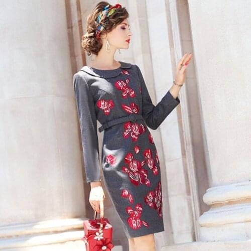 Solid Office lady Hepburn professional print dress high waist womens Spring Autumn dresses embroidery skirt with belt Plus XXXL