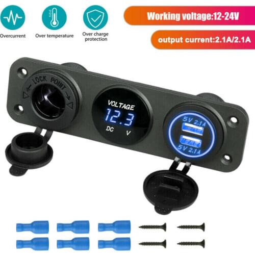 3 in 1 Charger Socket Panel 12V Dual USB Car Socket Charger Socket Power Outlet LED Digital Voltmeter Cigarette Lighter Socket