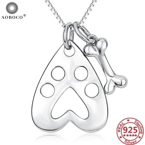AOBOCO Dog Paw Print And Bones 925 Sterling Silver Necklace 925 Silver Chains Woman Moms Gift Hollow Necklace Charm 925 Jewelry