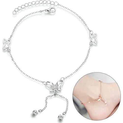 Women Girls Butterfly Anklet Hollow Tassel Rhinestone Ankle Bracelet Foot Chain Bohemia Butterfly Pendant Charm Anklets