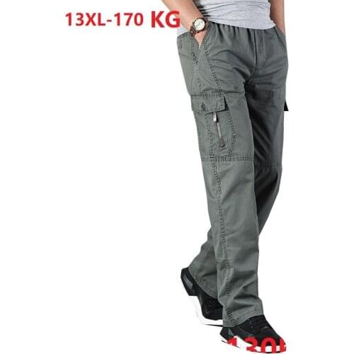 8XL 10XL 13XL Summer Men Cargo Pants Pocket Zipper Out Door Big Size Pants Simple Army Green Pants Straight Trousers Loose Gray