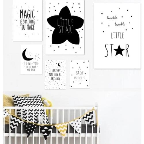 Black and White Poster Cartoon Star Moon Minimalist Quotes Wall Art Canvas Painting Wall Pictures Baby Kids Room Nursery Decor