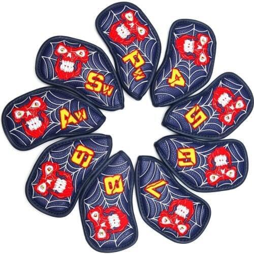 Golf Club Iron Cover Headcover skull with Red stitch Golf Iron Head Covers Golf Club Iron Headovers Wedges Covers 9pcs/set