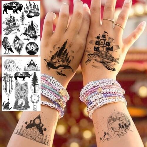 Black Universe Fake Temporary Tattoos For Women Men Armband Wolf Tattoo Sticker Mountain Body Art Geometric Forest Tatoo Beauty