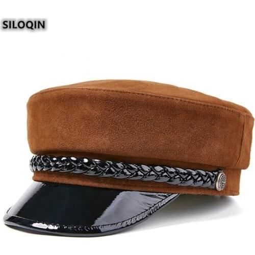 SILOQIN Mens Flat Cap Snapback Fashion Sheepskin Genuine Leather Hat For Women Spring Autumn Thin Military Hats Unisex Tide Cap