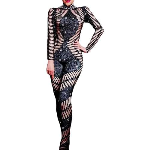 Black Rhinestones Striped Tights Jumpsuit Perspective Sexy Bodycon Backless Long Sleeve Ladies Nightclub Performance Dance Wear