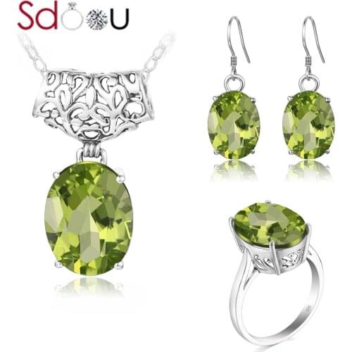 SDOOU Silver Jewelry Set For Women Trendy Peridot 925 Sterling Silver Necklace Pendant Earring Ring Bridal Jewelry Set Wholesale