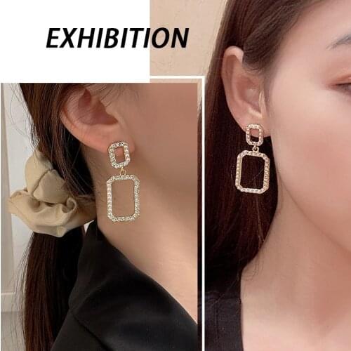 Korean Womens Earrings Crystal Drop Earrings for Women Geometric Statement Gold Colour Hanging Earrings Fashion Female Jewelry