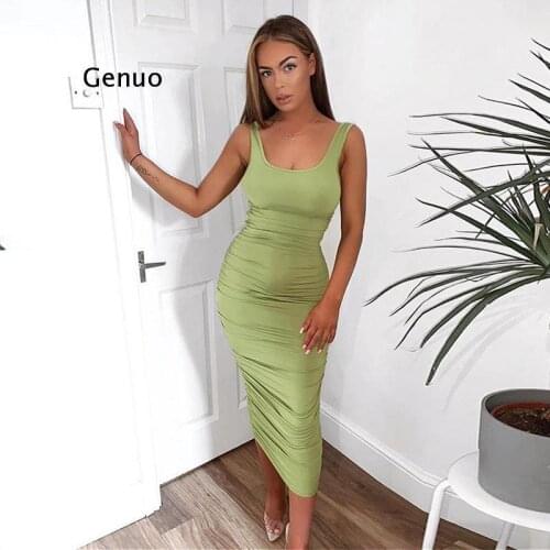 Summer Sexy Fashion Womens Solid Color Tight-Fitting Backless Sleeveless Pleated Dress