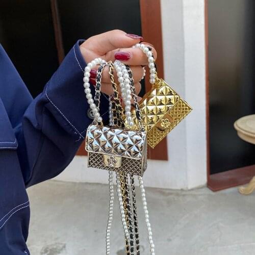 Fashion Small Metal Pearl Chain Womens Bag Mini Square Bag Purses and Handbags Luxury Designer Satchels