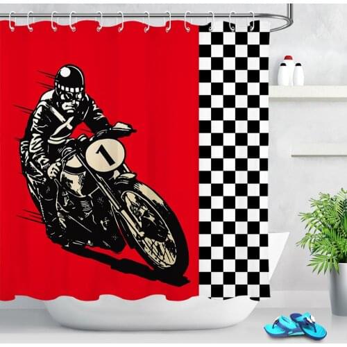 Retro Motorcycle Racer Shower Curtain Shower Stall Motorcycle Rider Red Printing Polyester Fabric Waterproof Bathroom Curtains