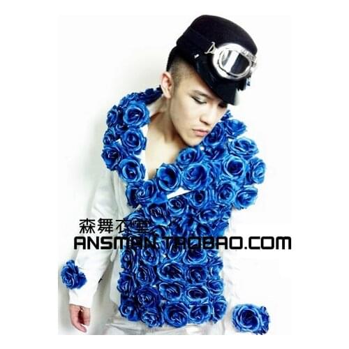 Mens wedding formal dress Club Male singer dancer stage wear blue rose Show performance slim suit