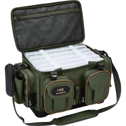 Bassdash Fishing Tackle Shoulder Bag with 5 Trays Water Resistant Lightweight Gear Storage Pack with Hard Molded Bottom