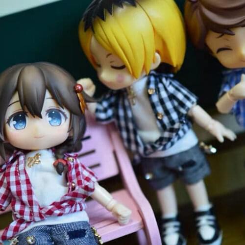 OB11 Doll Clothing is suitable for 1/12 size stylish versatile checked short-sleeved shirt + white sleeveless T+ denim shorts