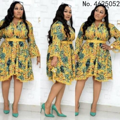 Autumn 2021 New African Women Long Sleeve V-neck Printing Polyester Dress African Dresses for Women African Clothes