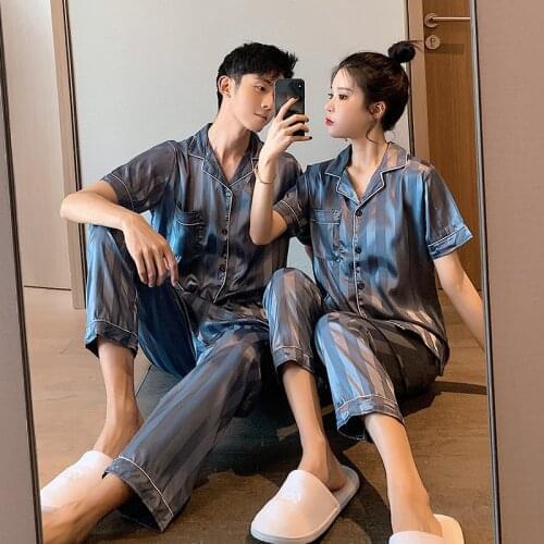 Summer New Homewear Couple 's Pajamas Set Short Sleeve Satin Silk Thin Plus Size Loose Men Women 's Two Piece Suit Casual Tops