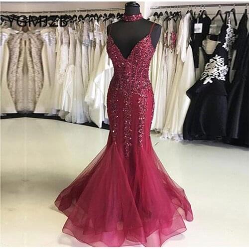 Gala Jurken 2019 Luxury Long Prom Dresses Mermaid V Neck Beaded Crystal Evening Gown African Women Formal Prom Party Dress