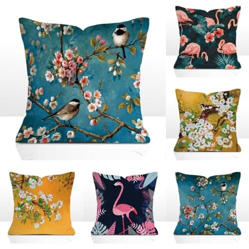 Plum Blossom Cushion Covers Flamingo Birds Cherry Pillow Cover for Home Chair Sofa Decoration Yellow Pillowcases