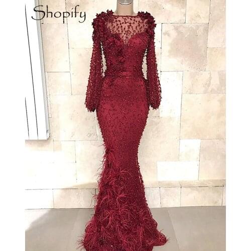 Long Sleeve Mermaid Evening Dresses 2020 Sheer Beaded Luxury Lace Burgundy Dubai Women Formal Evening Party Gowns