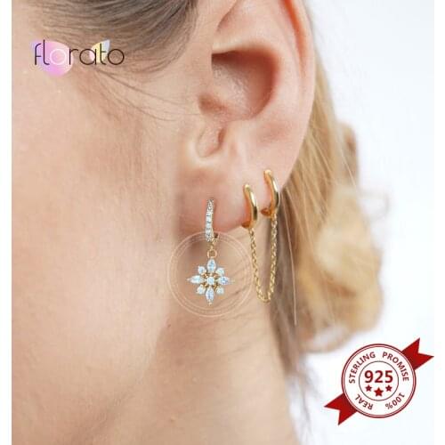 925 Sterling Silver Ear Buckle Crystal Flower Drop Hoop Earrings CZ Huggie Earrings for Women Fashion Delicate Jewelry Birthday