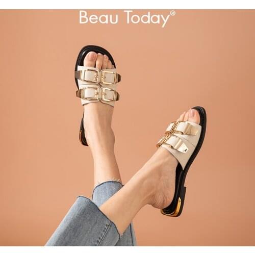 BeauToday Summer Slippers Women Genuine Cow Leather Round Toe Beach Slides Metal Buckle Decoration Low Heel Female Shoes 36215