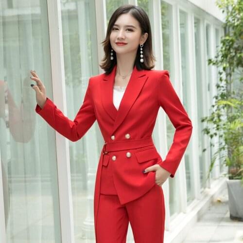 Temperament high quality fabric womens professional pants suit New Slim Red Lady Blazer Jacket Coat Casual trousers Two-piece