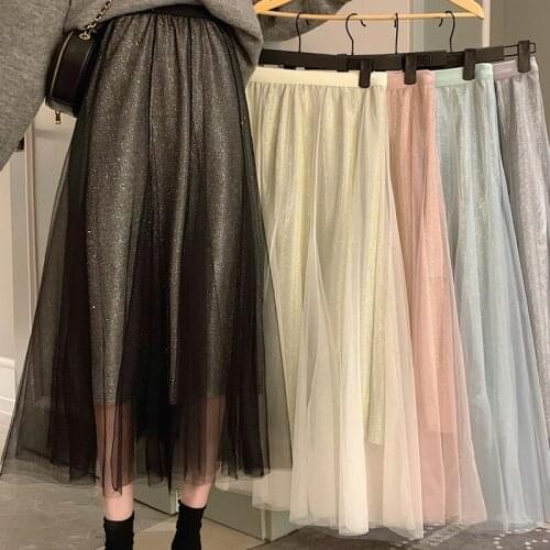 Spring Autumn Fashion Skirts Women Shiny Tulle Skirt Sequined Pleated A-Line Midi Skirt Chic Elastic High Waist Skirt Female