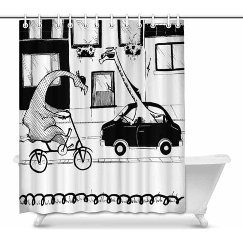 Cartoon Camel and Giraffe in The City Fabric Bathroom Decor Shower Curtain