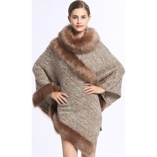 SWONCO Fur Collar Women Cape Coat Pullover Winter Warm Cloak Cape Female Long Poncho Faux Rabbit Fur Cloak For Women Vest Capes