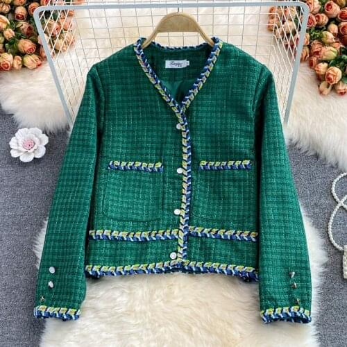 2021 New Women Autumn Winter Tweed Jackets Coat Korean Fashion Chic Ladies Elegant Green Color V-Neck Single Breasted Outerwear